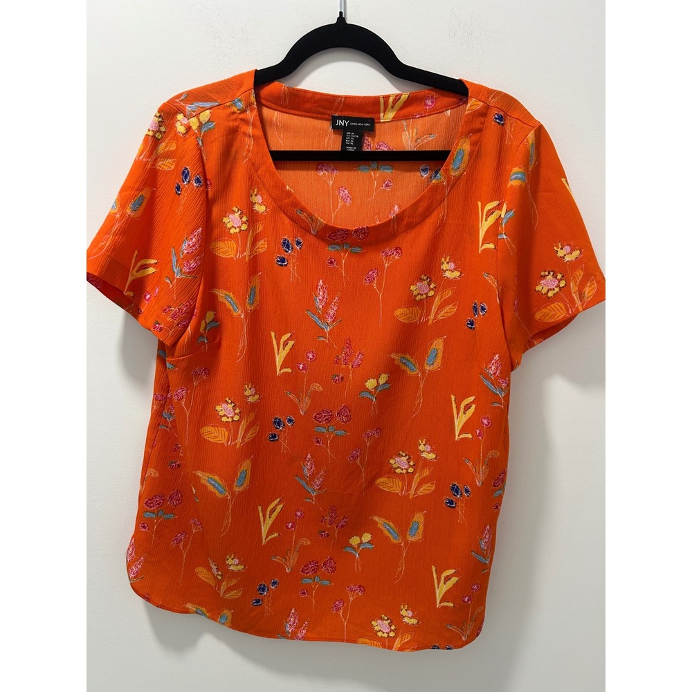 JNY Jones New York Orange Floral Short Sleeve Scoop Neck Blouse XL